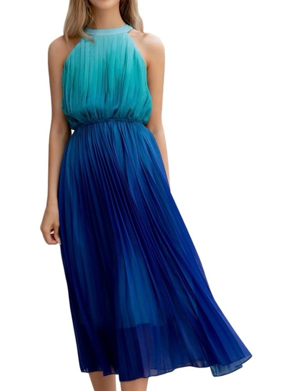 Ombre Blue Halter Pleated Maxi Dress